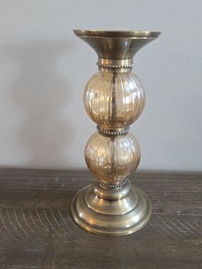 Vintage Bombay Brass Candle Holder with Amber Glass Orbs
